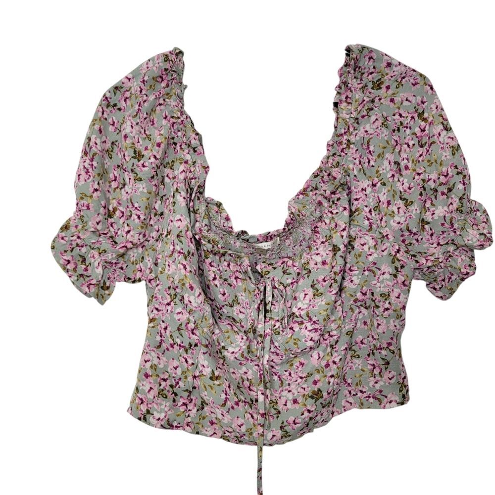 Curvy Sense 1X Floral Green Pink Puff Short Sleeve Smocked Ruffle Blouse Top